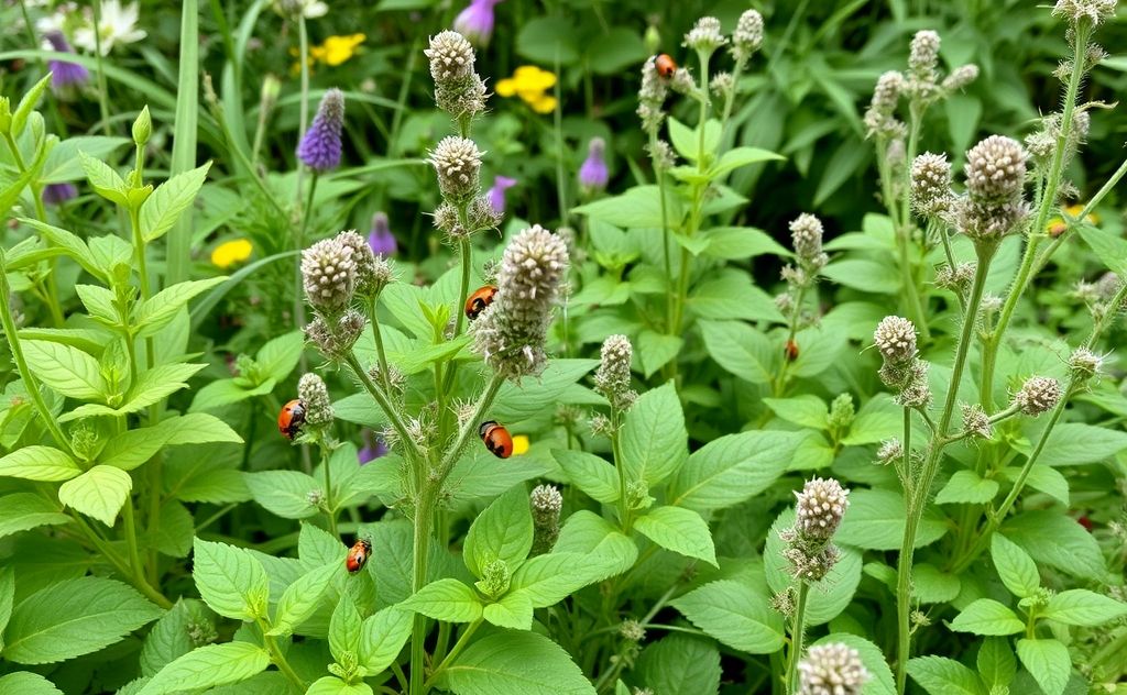 A lush garden with natural pest deterrents like ladybugs and herbs.
