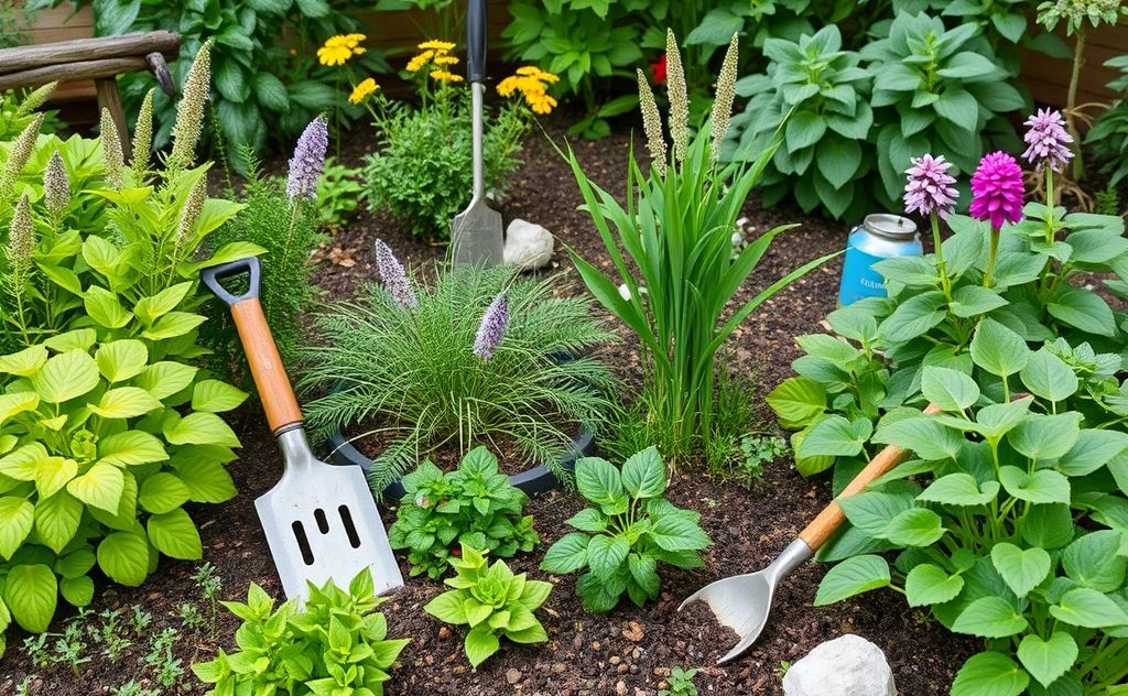 A lush garden with tools and plants, showcasing easy maintenance tips.