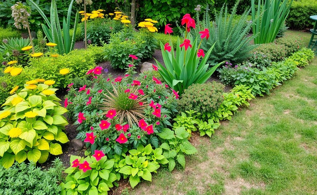A lush garden with vibrant plants and a clear, weed-free ground.