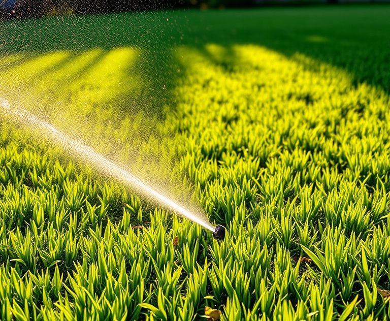 A lush green lawn being watered in the early morning light.