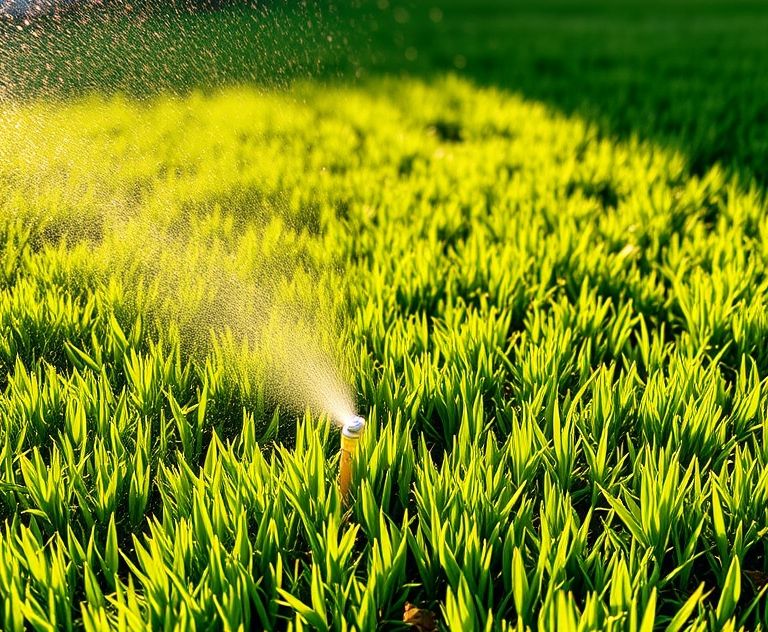 A lush green lawn being watered in the early morning sun.