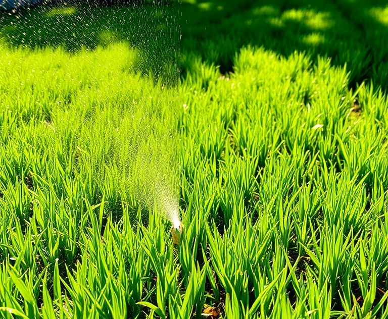 A lush green lawn being watered under the summer sun.