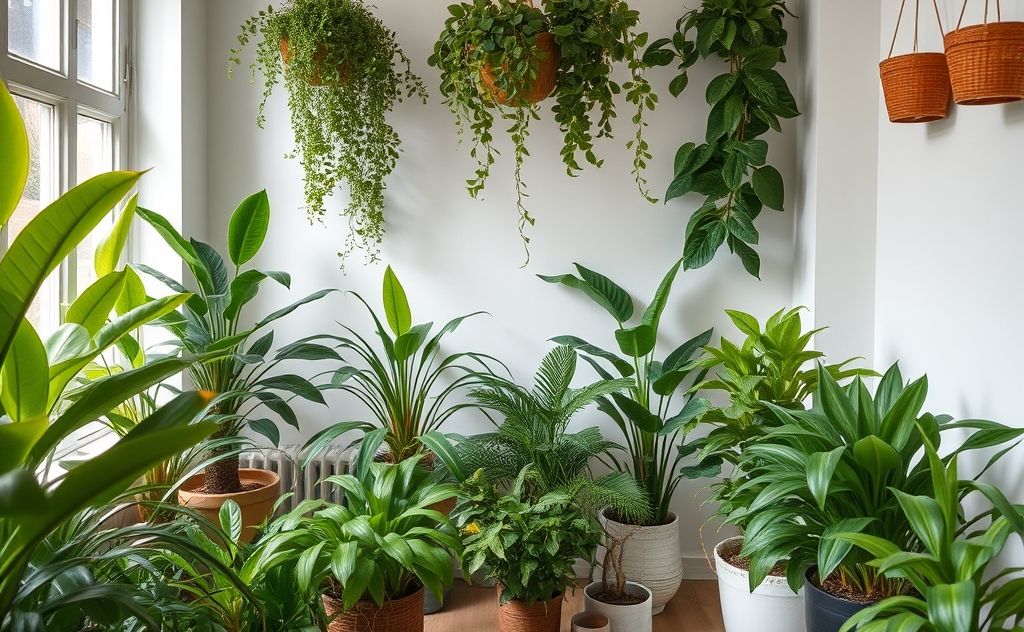 A lush indoor scene with various air-purifying plants.