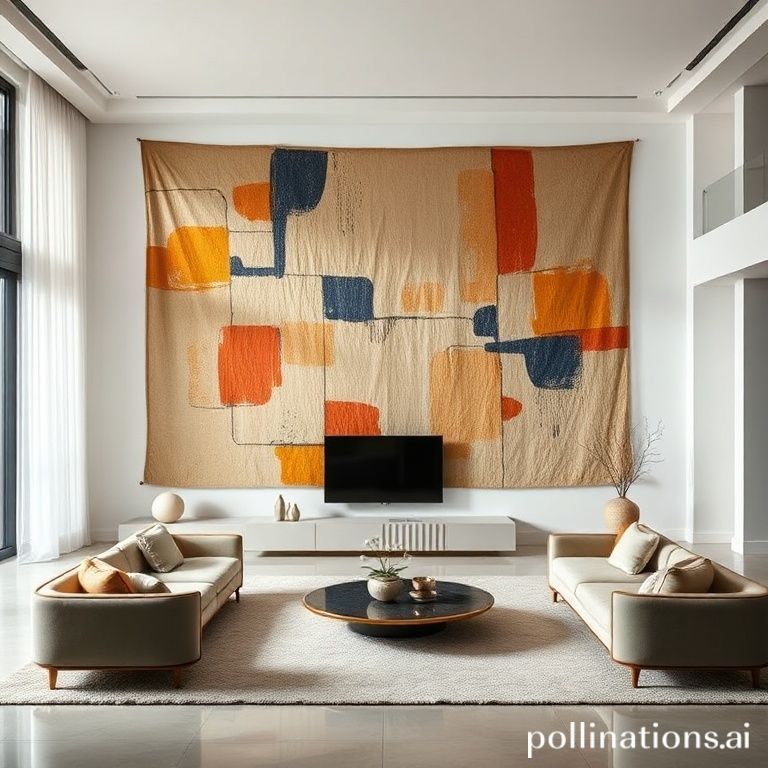 Tape&ccedil;aria modernista abstrata em destaque em uma sala de estar luxuosa com design brasileiro