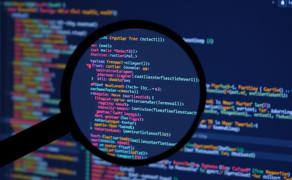 A magnifying glass over a digital interface with code snippets.