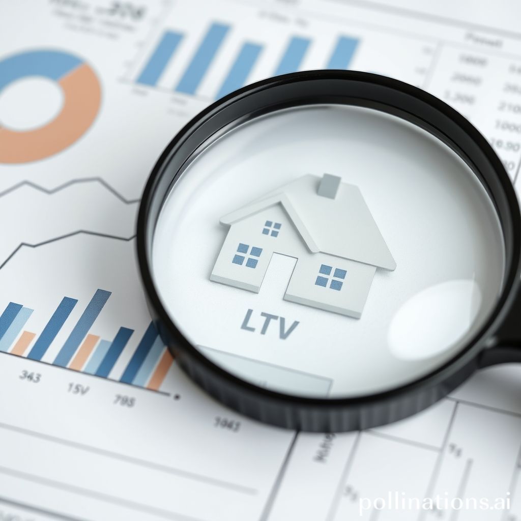 A magnifying glass over property blueprints and financial charts, symbolizing LTV analysis.