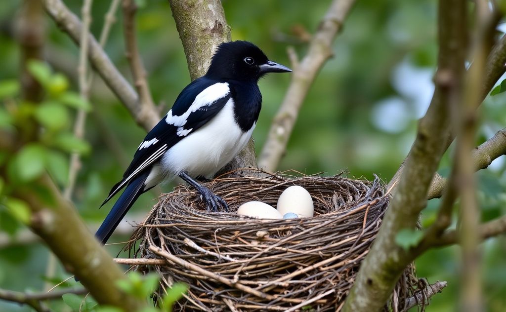 A magpie perched near a nest with eggs, surrounded by trees.