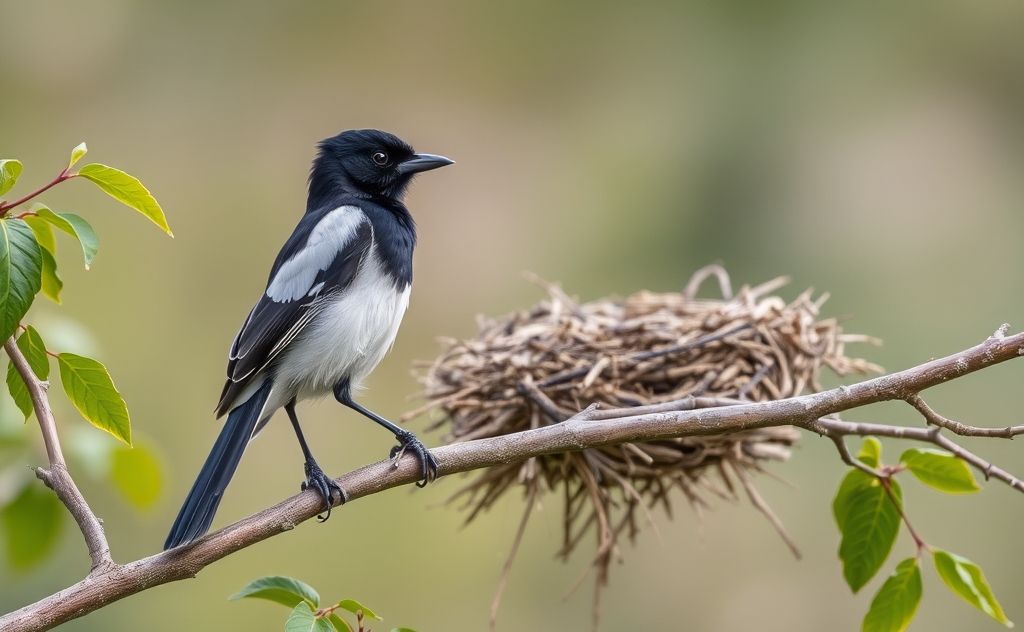 A magpie perched on a branch near a bird's nest.