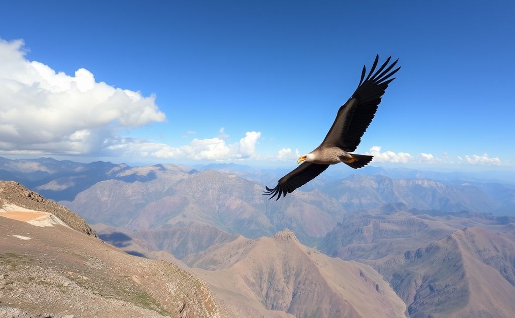 A majestic Andean condor soaring over a mountainous landscape.