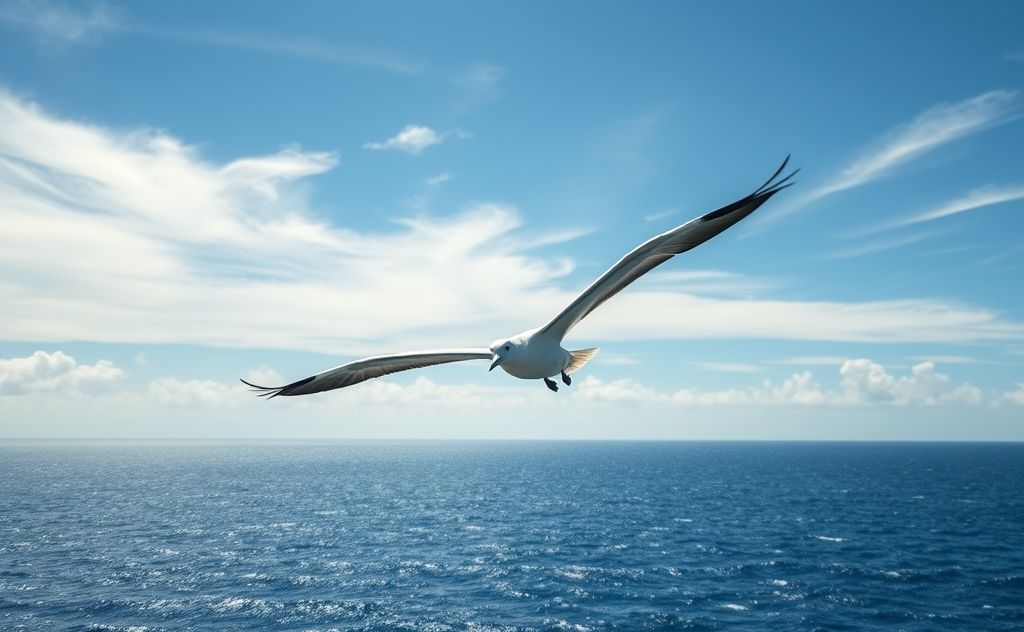 A majestic albatross soaring over the ocean with outstretched wings.