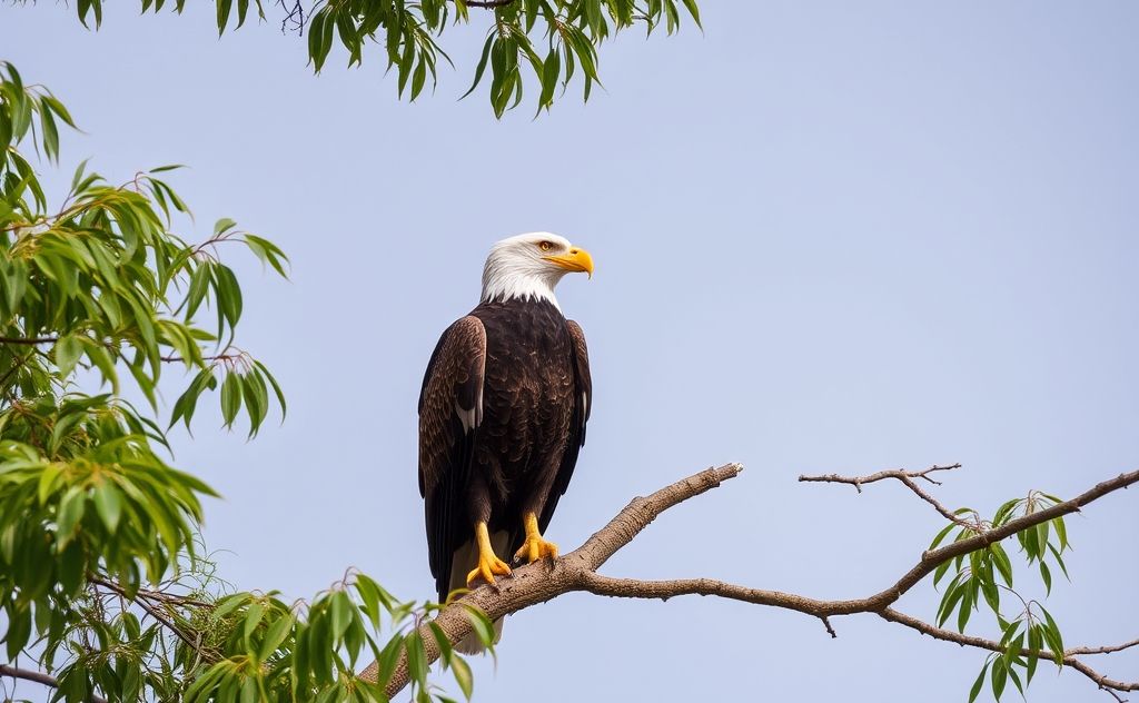 A majestic bird resembling a bald eagle perched on a tree branch.