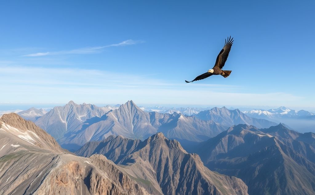 A majestic bird soaring high above rugged mountain peaks.