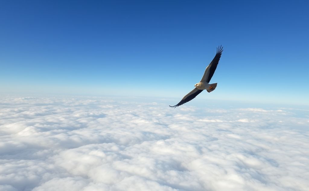 A majestic bird soaring high above the clouds in a clear blue sky.