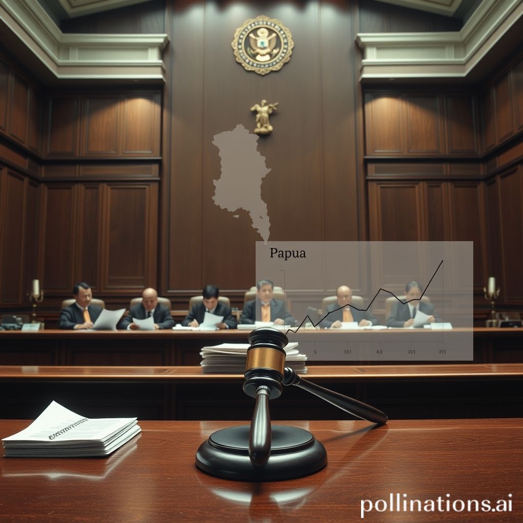 A majestic courtroom scene within the Constitutional Court (MK) building. Judges in robes are seated at a bench, meticulously examining legal documents and a stack of ballot papers. In the background, a subtle, semi-transparent map of Papua overlays an electoral graph, symbolizing the geographical focus of the dispute. A single, illuminated gavel rests prominently on the witness stand, representing justice and the rule of law. The atmosphere is solemn and serious, reflecting the gravity of an election fraud investigation.