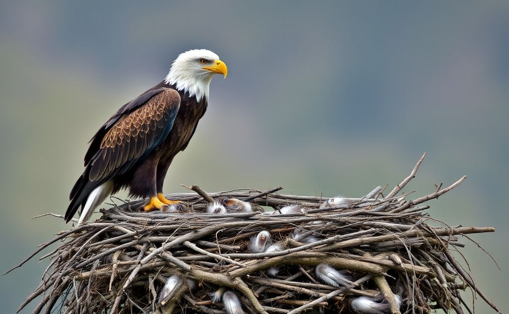 A majestic eagle perched near a nest with scattered feathers below.