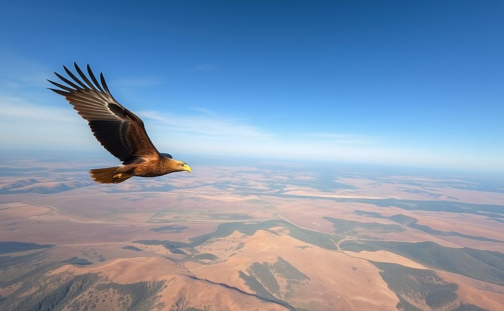 A majestic golden eagle soaring over a vast landscape.