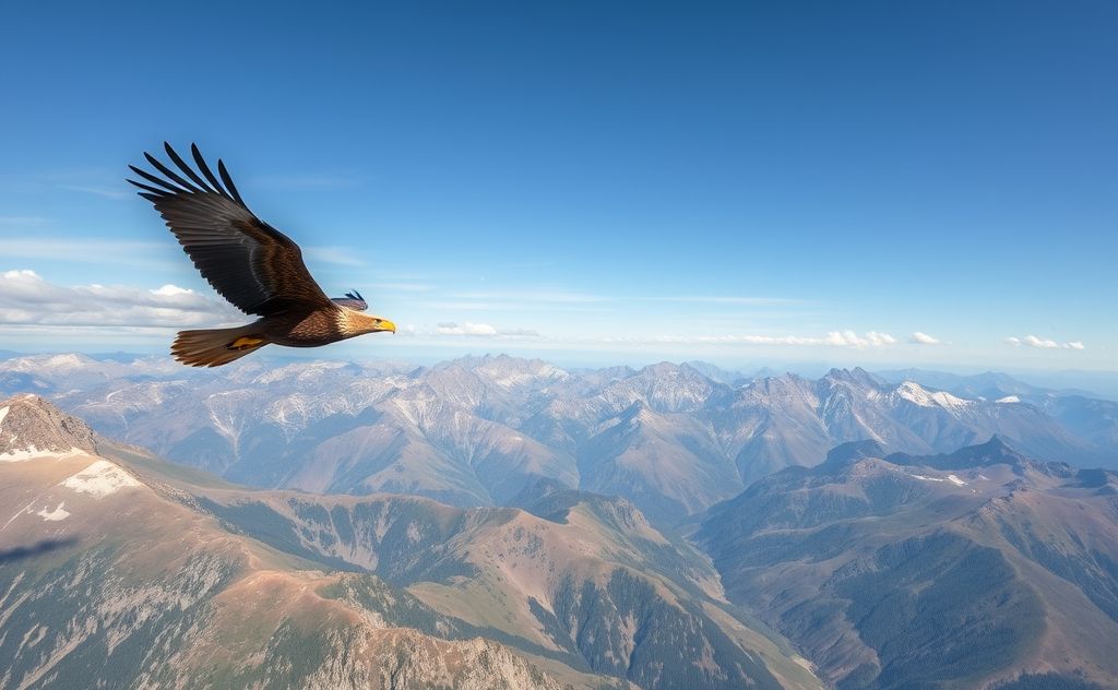 A majestic golden eagle soaring over a vast mountainous landscape.