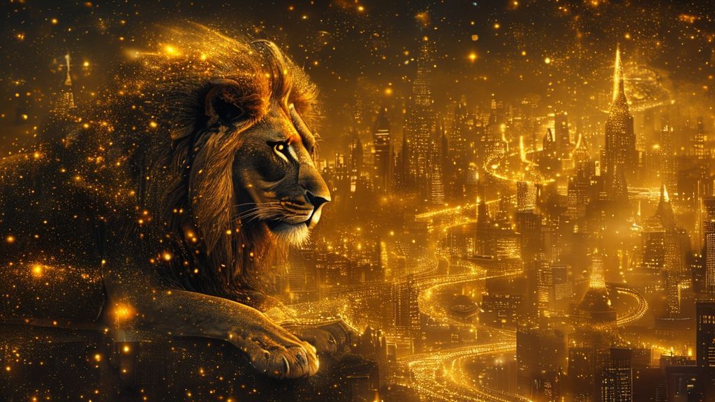A majestic lion composed of stardust oversees a glowing roadmap winding through a dreamlike cityscape, illuminated by golden light. Budget-conscious, wise.