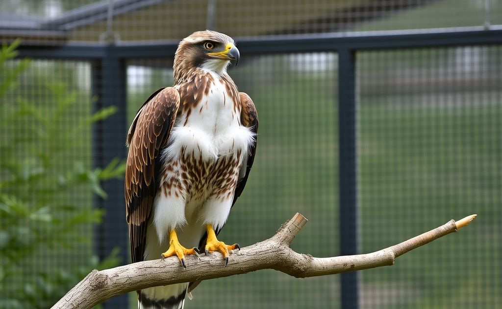 A majestic raptor perched on a branch in a rehabilitation center.