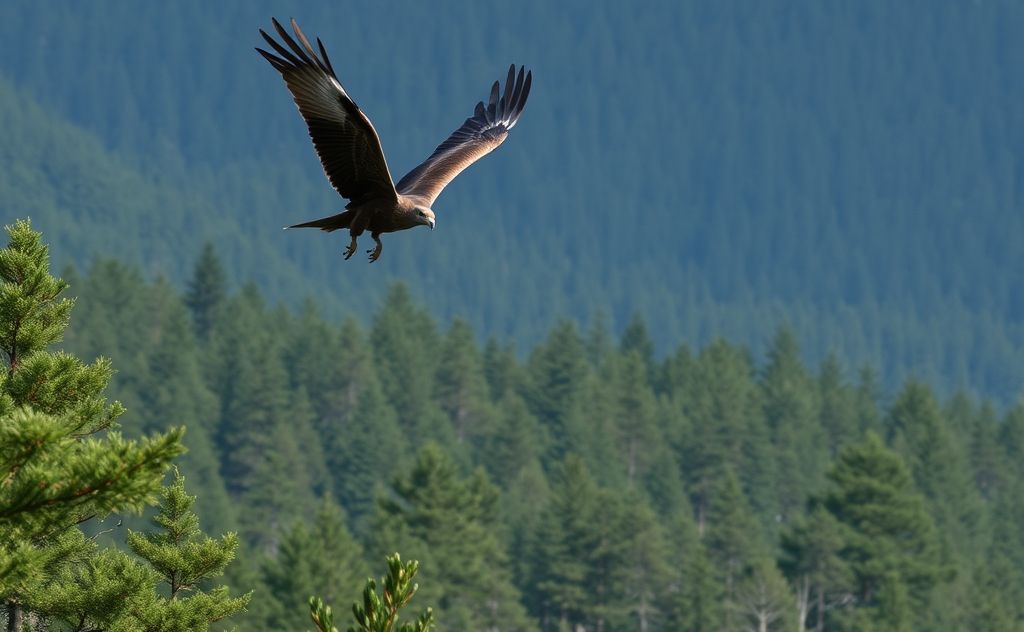 A majestic raptor soaring above a dense forest, hunting for prey.