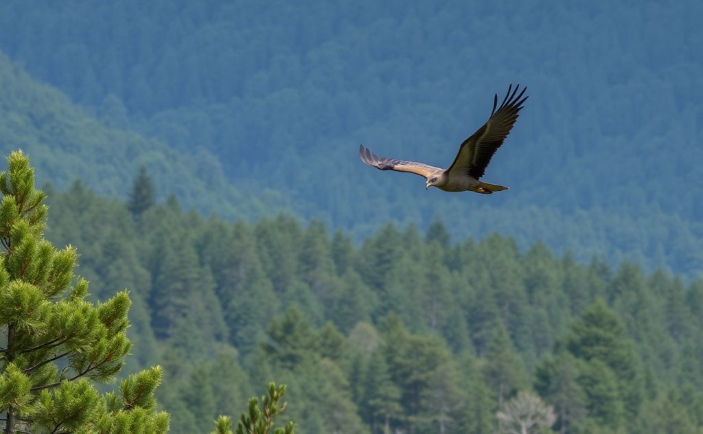 A majestic raptor soaring above a lush forest landscape.