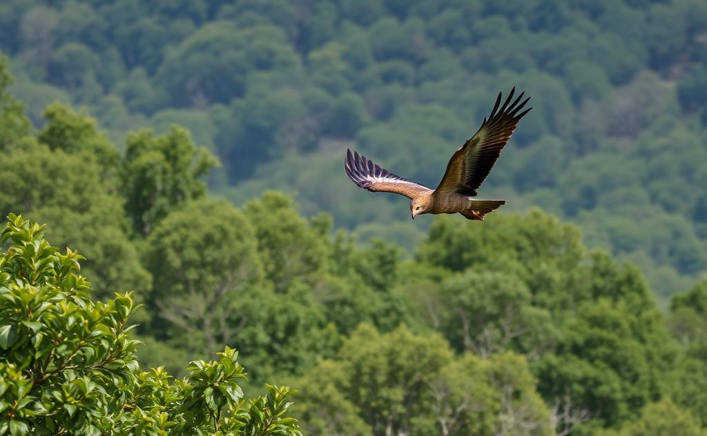 A majestic raptor soaring over a lush, protected habitat.
