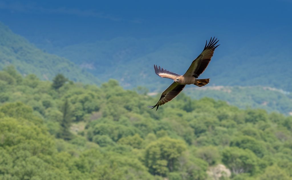 A majestic raptor soaring over a lush, protected landscape.