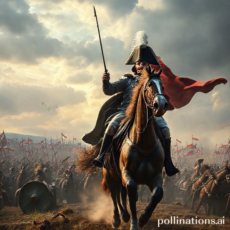 A majestic, epic, and dramatic scene depicting Napoleon Bonaparte on horseback, in his iconic bicorne hat and grey coat, leading his Grande Armée into battle. The scene should show elements of a vast 19th-century European battlefield, with cavalry, infantry, cannons, and flags, under a dramatic sky. The atmosphere should convey ambition, power, and the grand scale of the Napoleonic Wars.