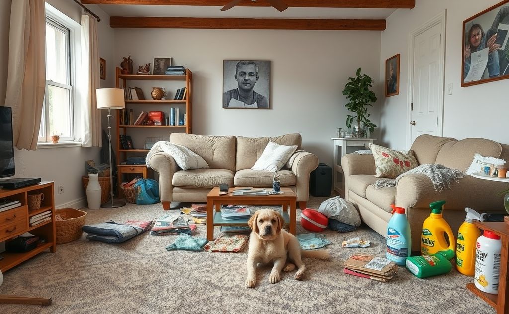 A messy living room with pet hair and cleaning supplies scattered.