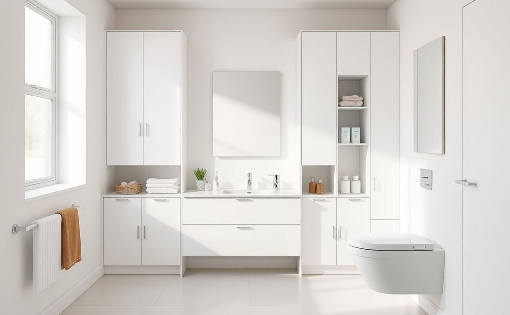 A minimalist bathroom with neatly organized storage solutions.