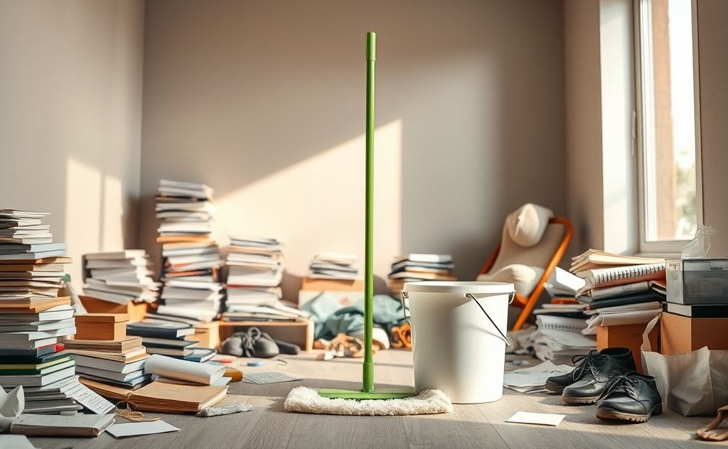 A minimalist cleaning setup in a busy, cluttered room.