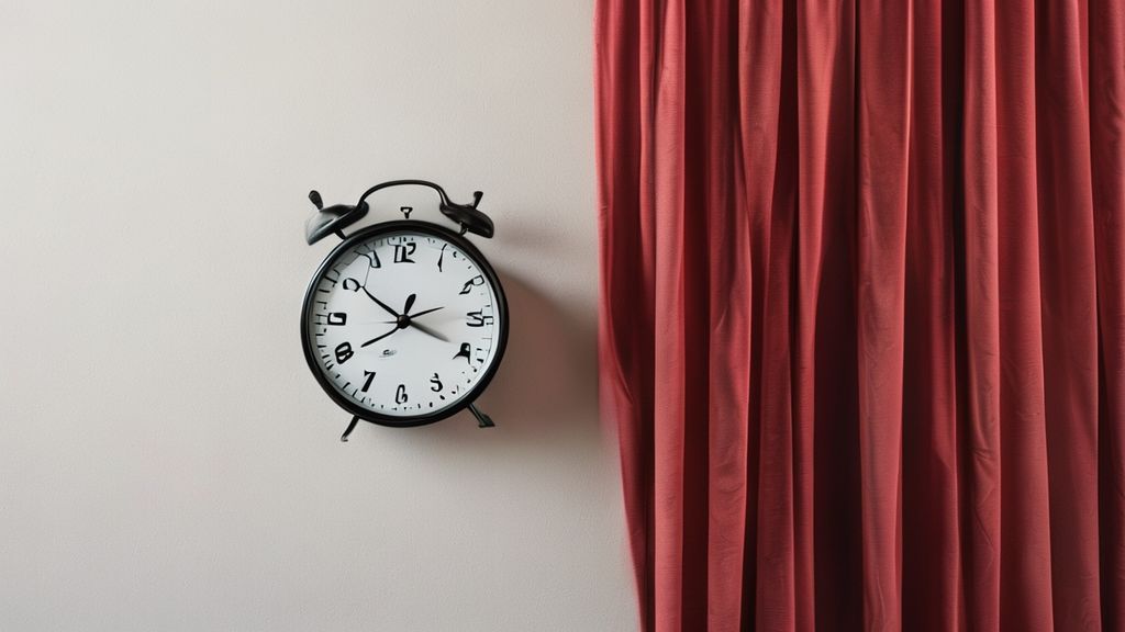 壁掛け時計と劇場のカーテンを組み合わせた、上映時間の管理をイメージした写真