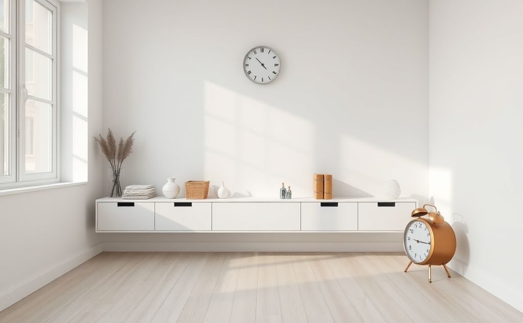 A minimalist room with a timer and neatly organized items.
