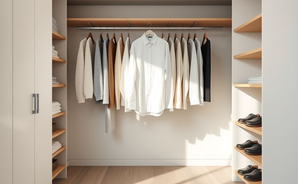 A minimalist wardrobe with neatly organized clothing items.