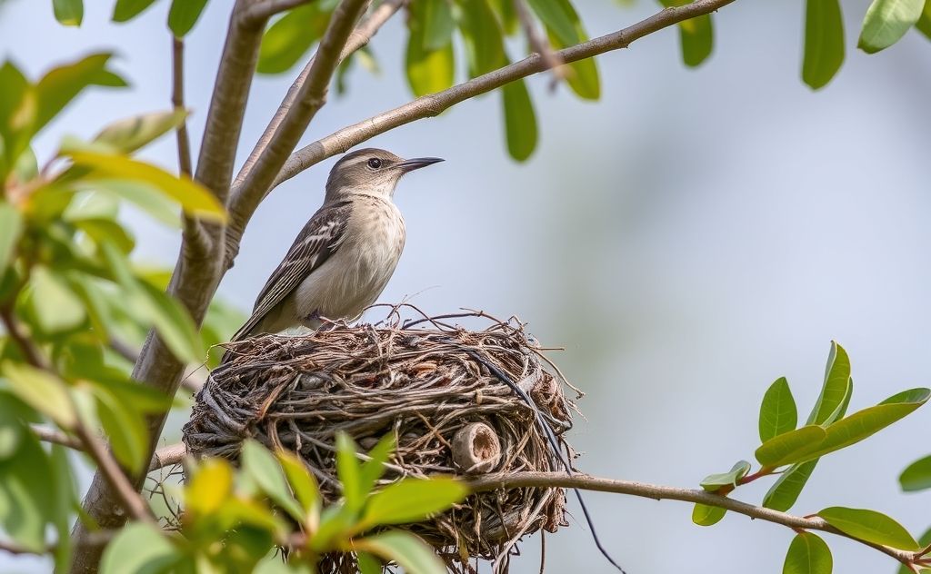 A mockingbird perched near a nest in a tree.