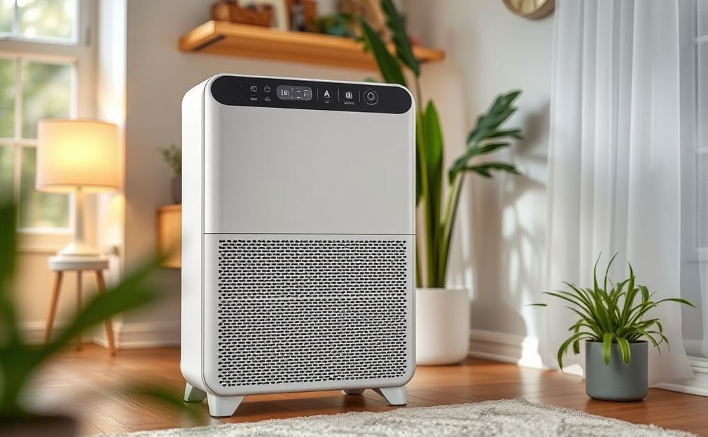 A modern HEPA air purifier in a cozy indoor setting.