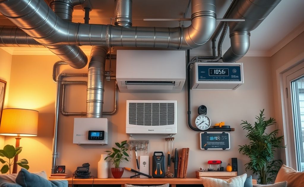 A modern HVAC system with tools and equipment in a cozy home.
