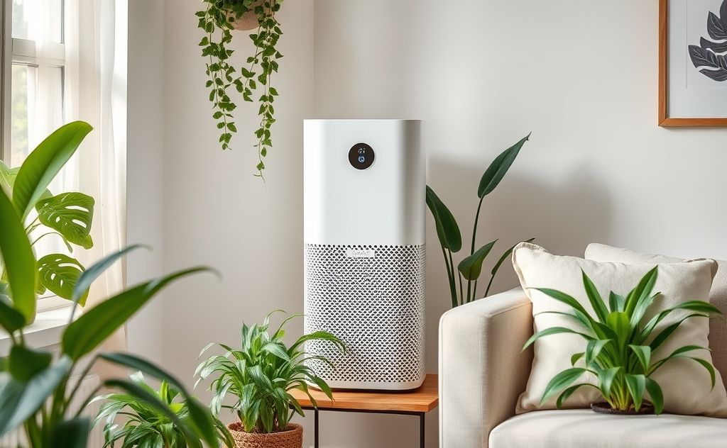 A modern air purifier in a cozy home setting with plants.