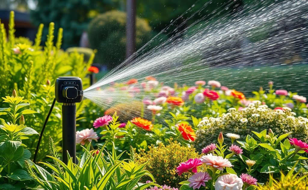 A modern automated watering system in a lush garden setting.