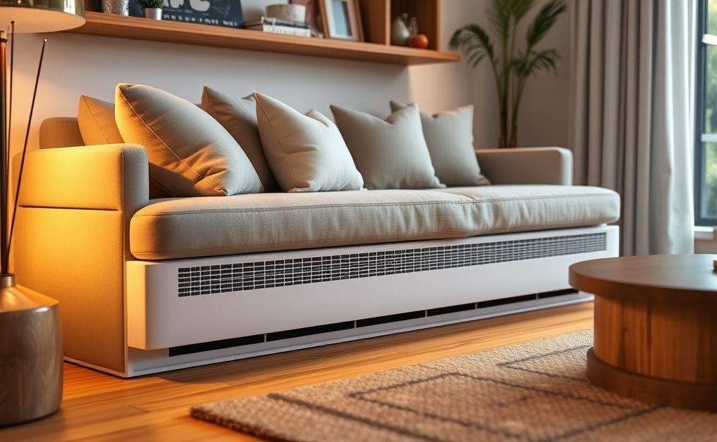 A modern baseboard heater in a cozy home setting.
