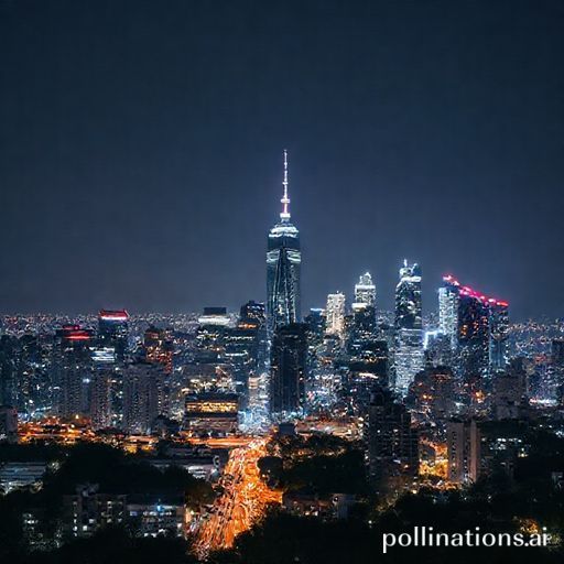 A modern city skyline at night with lights