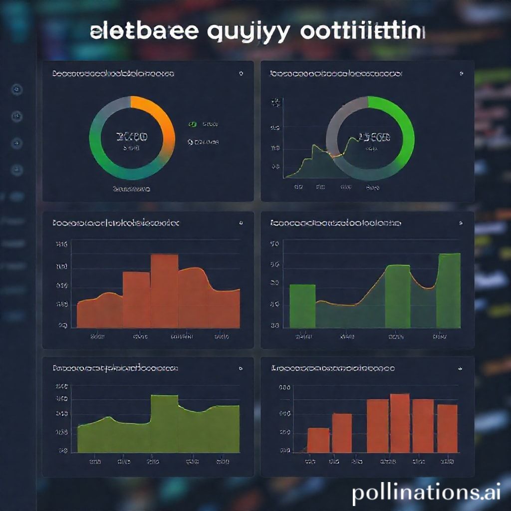 A modern dashboard interface with various performance metrics and graphs, illustrating database query optimization. The main focus is on charts showing reduced query times and improved application responsiveness. In the background, abstract elements of code or data flow could be subtly visible. The overall aesthetic should be clean, professional, and visually represent performance gains.