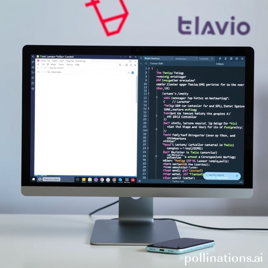A modern desktop computer screen displaying Laravel 12 code for Twilio SMS integration. On the left side of the screen, a clean HTML form for sending SMS. On the right, a code editor showing PHP code for an `SmsController` that interacts with the Twilio SDK. In the background, subtly blurred, are the Twilio logo and Laravel logo. A smartphone with a new message notification is next to the monitor. The overall vibe is clean, tech-savvy, and focused on development.