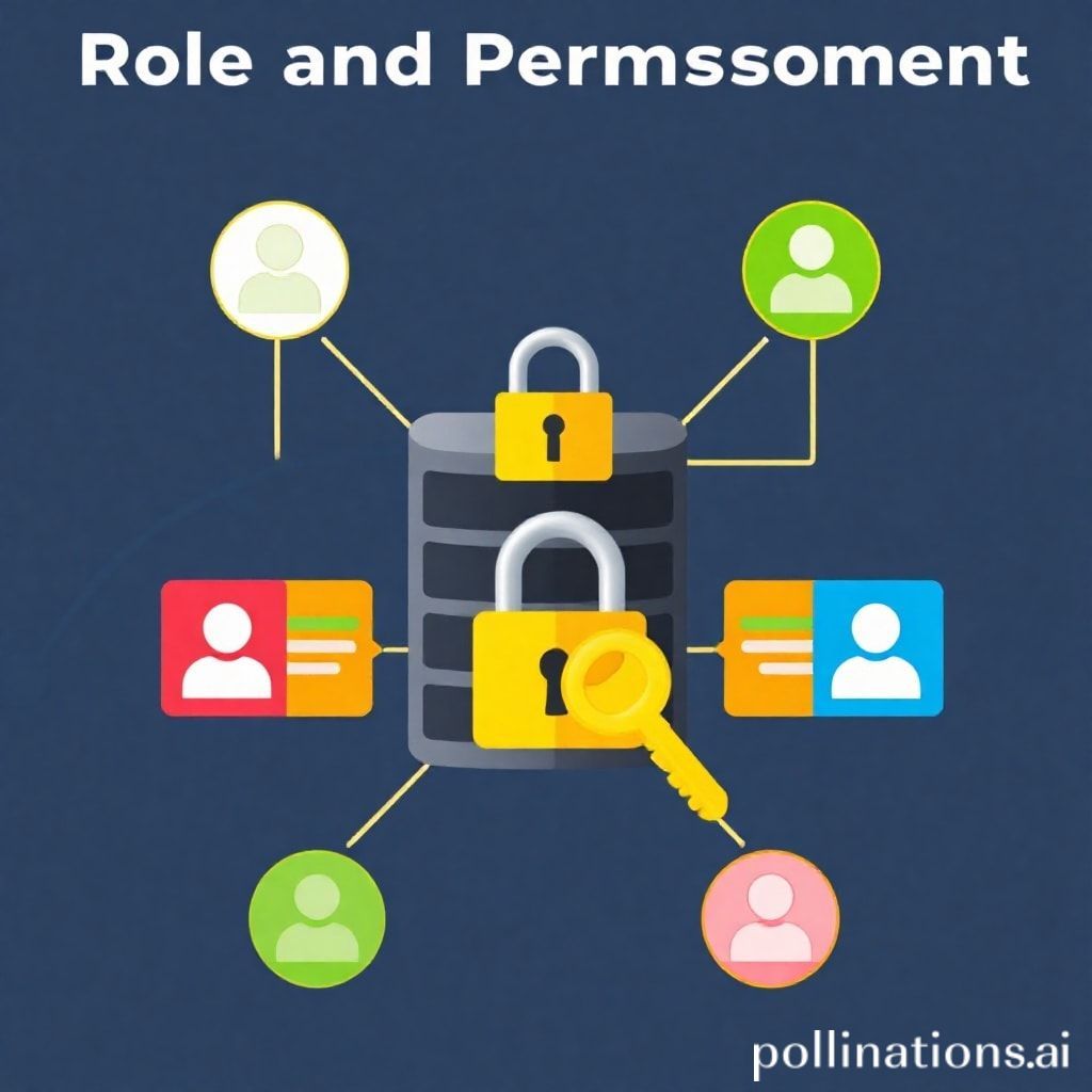 A modern digital illustration depicting the concept of Role and Permission Management. It shows a central server or database connected to various user icons, each with a different key or access level symbol above them. Some users might have access to certain colored data blocks, while others are restricted. A prominent padlock and key visual emphasizes security and controlled access. The background could feature a subtle network or abstract data flow pattern.