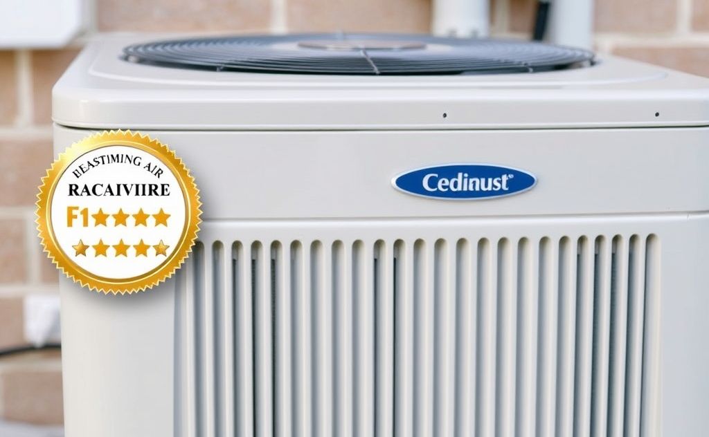 A modern heating and air conditioning unit with a rating badge.