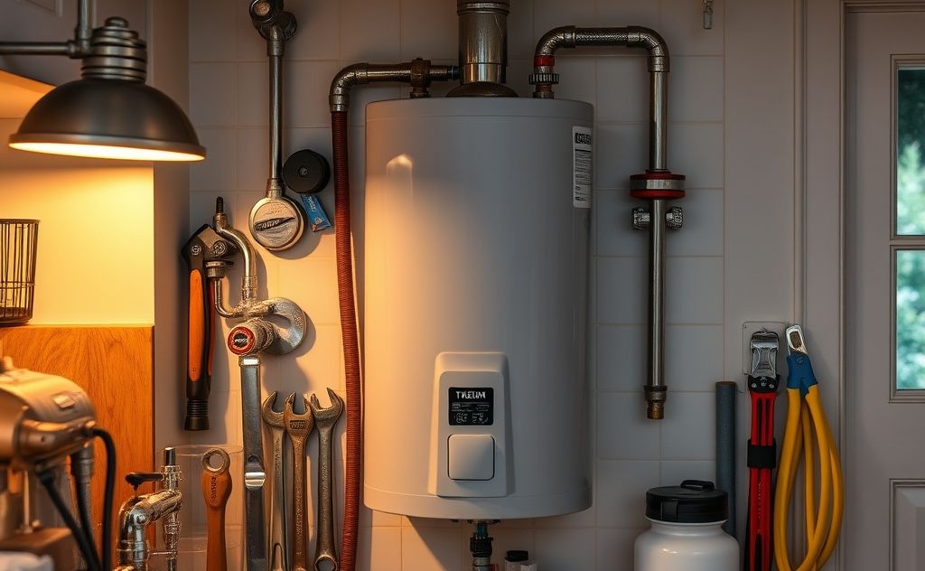 A modern hot water heater in a home setting with plumbing tools.