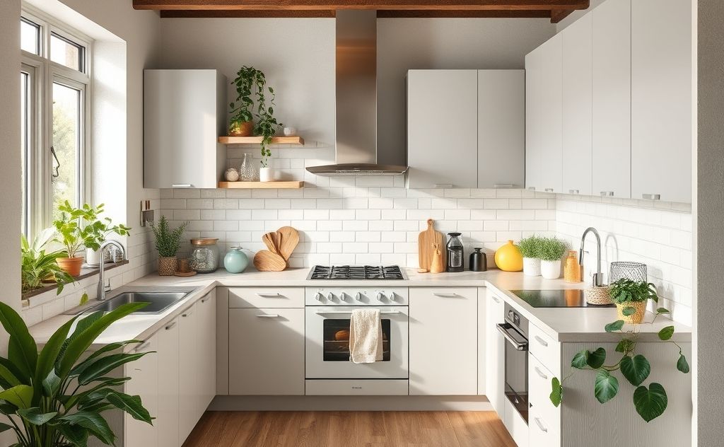 A modern kitchen with eco-friendly appliances and plants.