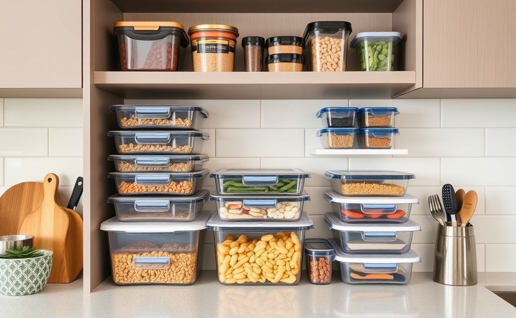 A modern kitchen with organized storage and meal prep containers.