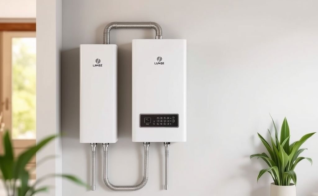 A modern tankless water heater displayed in a home setting.