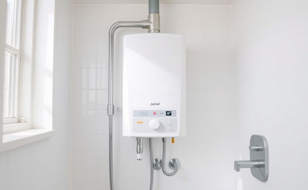 A modern water heater in a bright, clean bathroom setting.